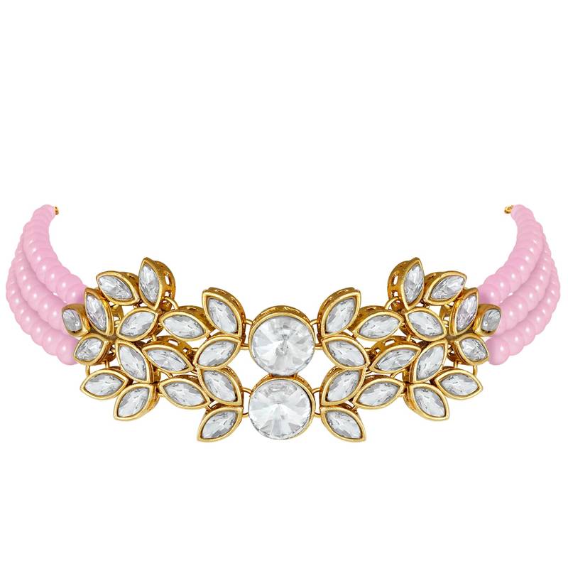 Traditional Stone Studded Pearl Choker Necklace Set For Women 