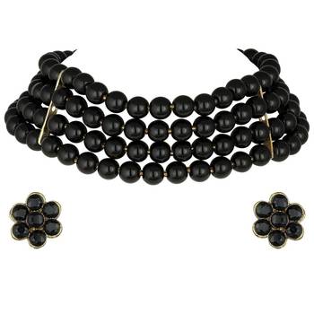 Traditional Black Pearl Beaded Stylish Moti Choker Necklace Jewellery Set with Stud Earrings for women 2