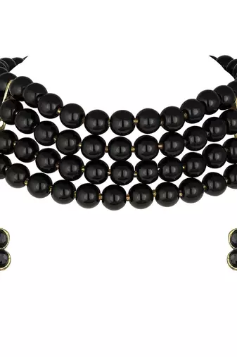 Traditional Black Pearl Beaded Stylish Moti Choker Necklace Jewellery Set with Stud Earrings for women