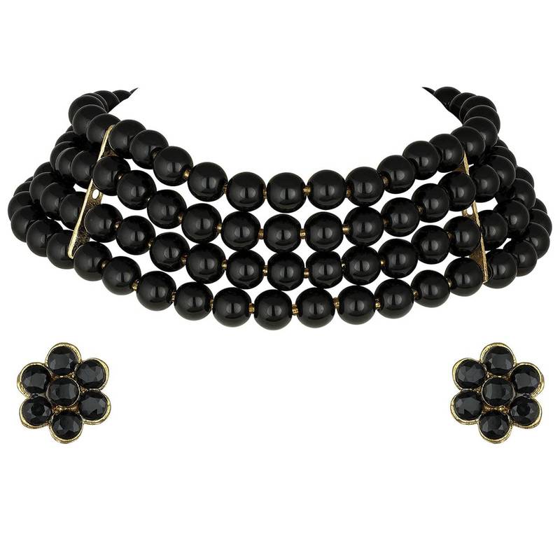 Traditional Black Pearl Beaded Stylish Moti Choker Necklace Jewellery Set with Stud Earrings for women