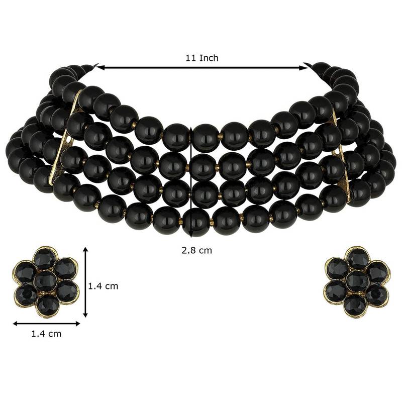 Traditional Black Pearl Beaded Stylish Moti Choker Necklace Jewellery Set with Stud Earrings for women