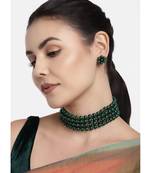 Traditional Green Pearl Beaded Stylish Moti Choker Necklace Jewellery Set with Stud Earrings for women