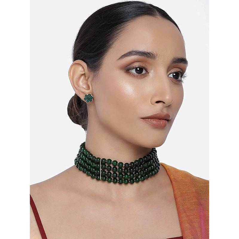 Traditional Green Pearl Beaded Stylish Moti Choker Necklace Jewellery Set with Stud Earrings for women