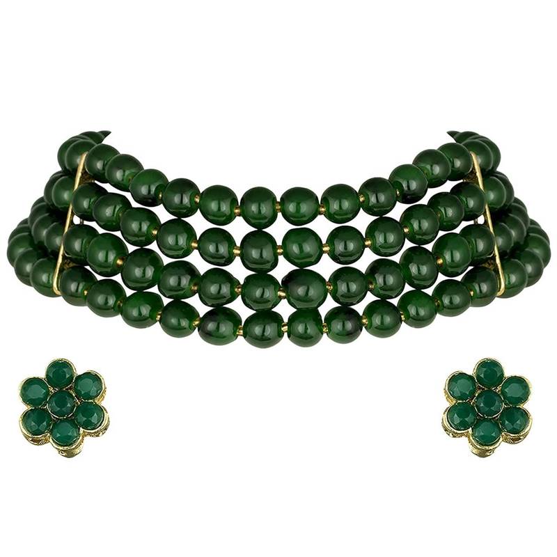 Traditional Green Pearl Beaded Stylish Moti Choker Necklace Jewellery Set with Stud Earrings for women