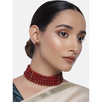 Traditional Maroon Pearl Beaded Stylish Moti Choker Necklace Jewellery Set with Stud Earrings for women/Girls 1