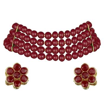 Traditional Maroon Pearl Beaded Stylish Moti Choker Necklace Jewellery Set with Stud Earrings for women/Girls 2