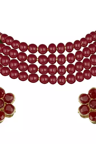 Traditional Maroon Pearl Beaded Stylish Moti Choker Necklace Jewellery Set with Stud Earrings for women/Girls