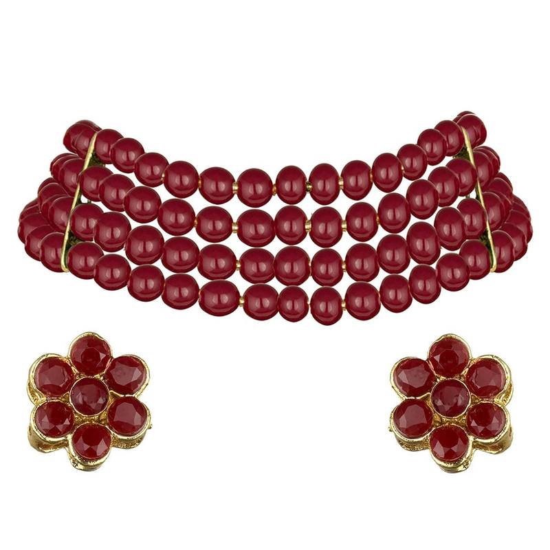 Traditional Maroon Pearl Beaded Stylish Moti Choker Necklace Jewellery Set with Stud Earrings for women/Girls