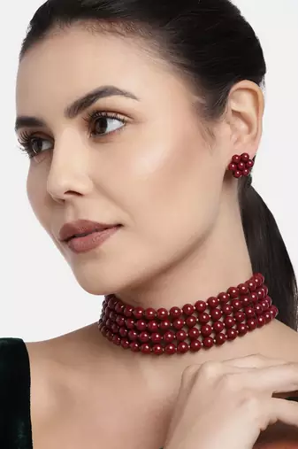 Traditional Maroon Pearl Beaded Stylish Moti Choker Necklace Jewellery Set with Stud Earrings for women/Girls