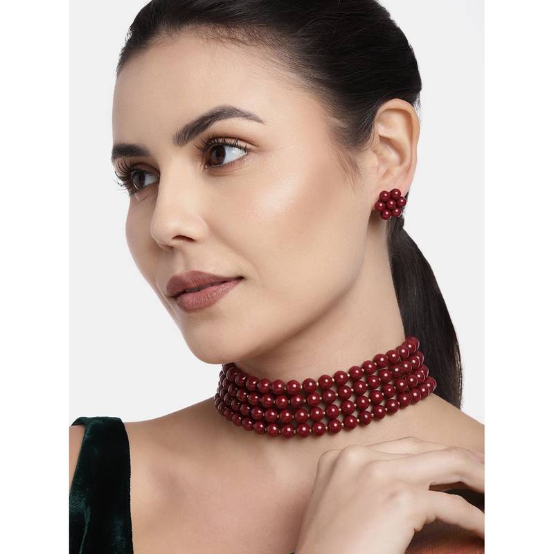 Traditional Maroon Pearl Beaded Stylish Moti Choker Necklace Jewellery Set with Stud Earrings for women/Girls