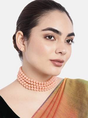 Traditional Pearl Beaded Stylish Moti Choker Necklace Jewellery Set with Stud Earrings for women/Girls 1