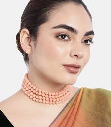 Traditional Pearl Beaded Stylish Moti Choker Necklace Jewellery Set with Stud Earrings for women/Girls