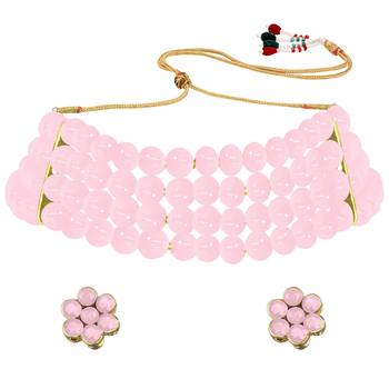 Traditional Pearl Beaded Stylish Moti Choker Necklace Jewellery Set with Stud Earrings for Women/Girls 1
