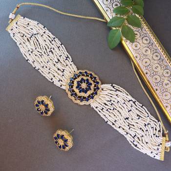 Traditional CZ Crystal Studded Pearl Choker Necklace Jewellery Set 1