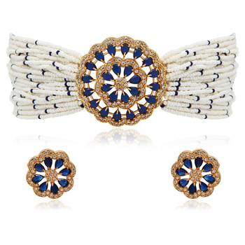 Traditional CZ Crystal Studded Pearl Choker Necklace Jewellery Set 2