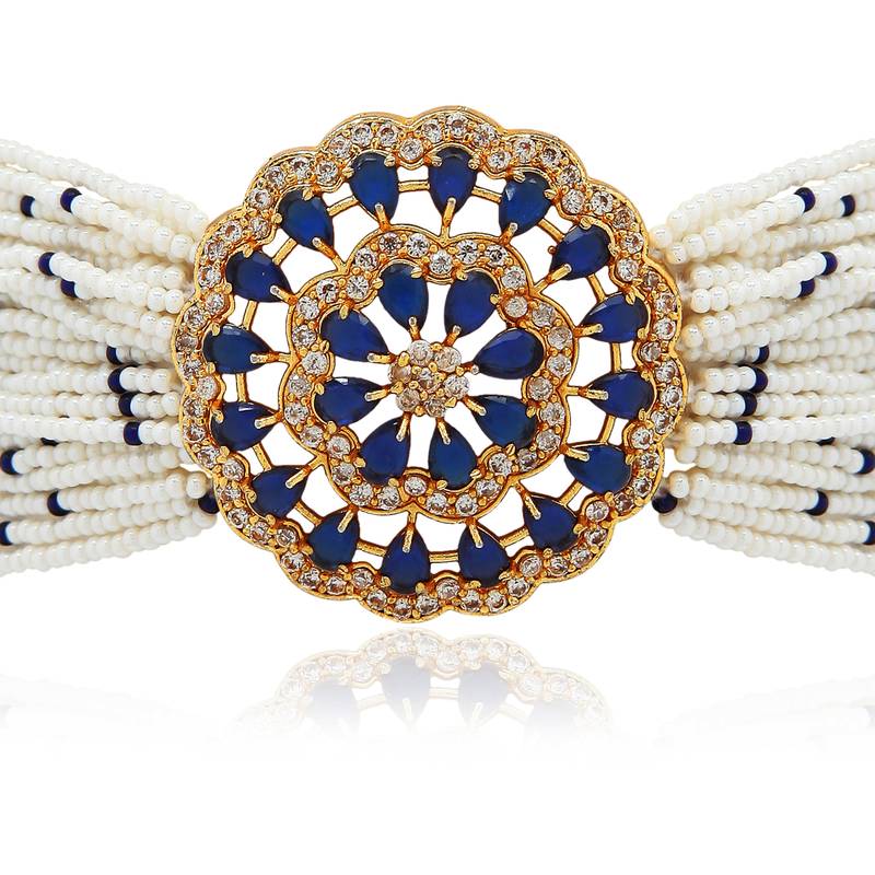 Traditional CZ Crystal Studded Pearl Choker Necklace Jewellery Set