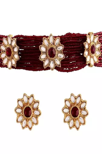 Traditional Floral Pearl & Kundan Choker Necklace Jewellery Set With Earrings for Women/Girls