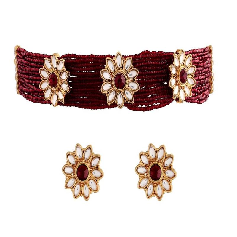 Traditional Floral Pearl & Kundan Choker Necklace Jewellery Set With Earrings for Women/Girls