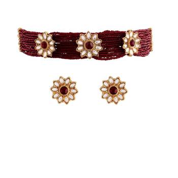 Traditional Floral Pearl & Kundan Choker Necklace Jewellery Set With Earrings for Women/Girls 4