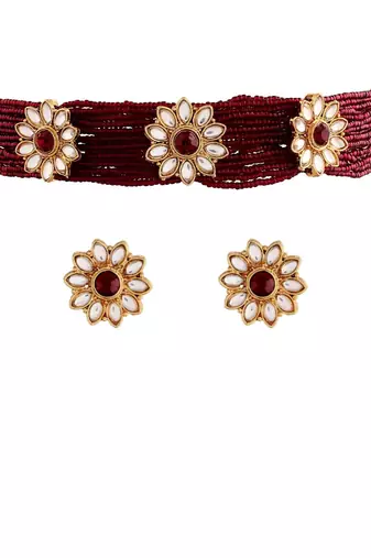 Traditional Floral Pearl & Kundan Choker Necklace Jewellery Set With Earrings for Women/Girls