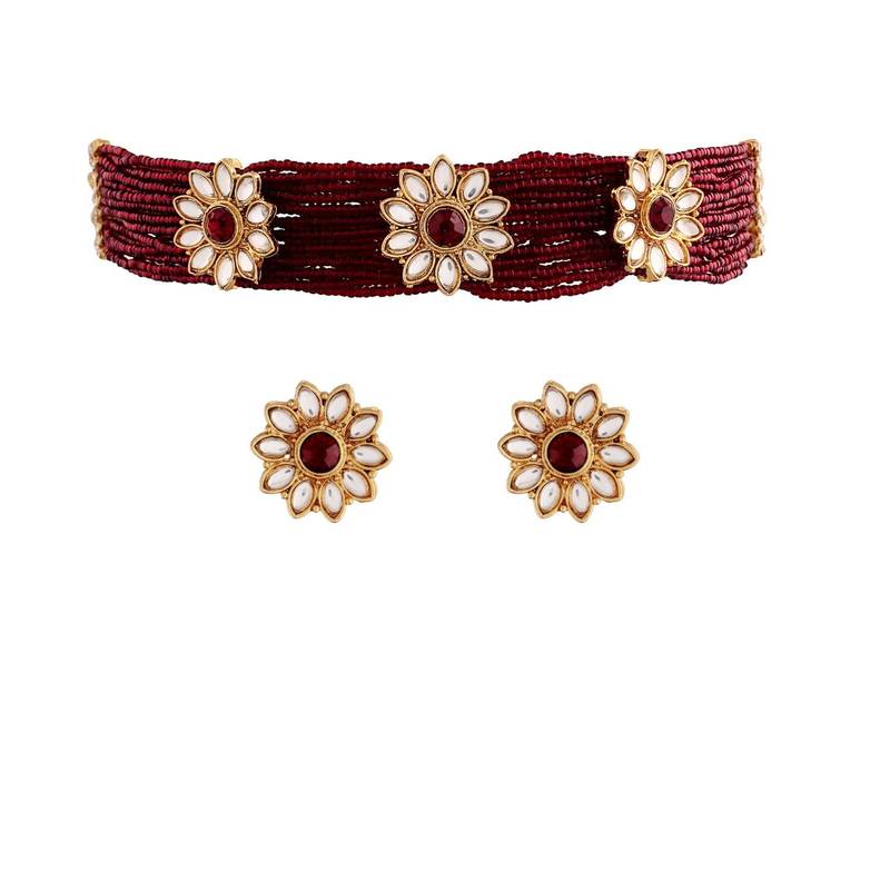 Traditional Floral Pearl & Kundan Choker Necklace Jewellery Set With Earrings for Women/Girls