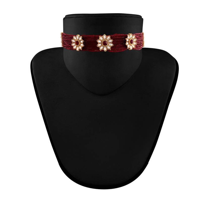 Traditional Floral Pearl & Kundan Choker Necklace Jewellery Set With Earrings for Women/Girls