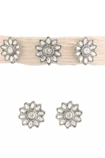 Traditional Pearl Beaded Choker Necklace Jewellery Set with Earrings For Women/Girls