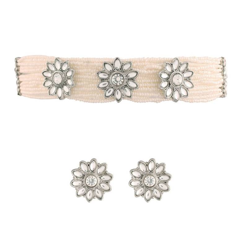 Traditional Pearl Beaded Choker Necklace Jewellery Set with Earrings For Women/Girls