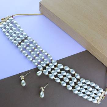 Traditional Pearl Beaded Stylish Moti Choker Necklace Jewellery Set with Earrings for Women/Girls 1