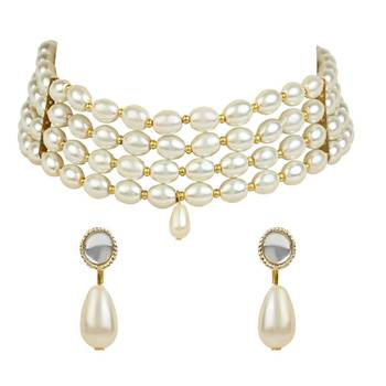 Traditional Pearl Beaded Stylish Moti Choker Necklace Jewellery Set with Earrings for Women/Girls 3