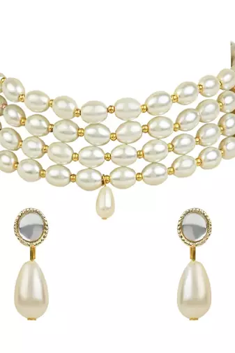 Traditional Pearl Beaded Stylish Moti Choker Necklace Jewellery Set with Earrings for Women/Girls