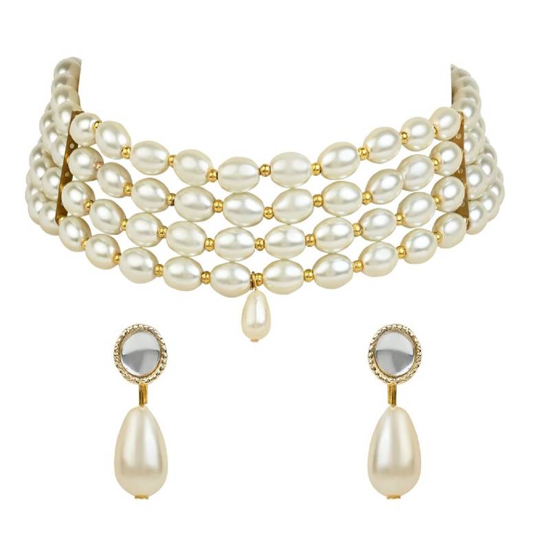 Traditional Pearl Beaded Stylish Moti Choker Necklace Jewellery Set with Earrings for Women/Girls