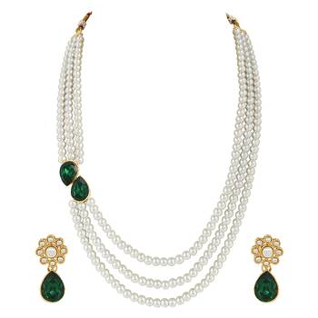Traditional Stone Studded Pearl Long Necklace Jewellery Set 1