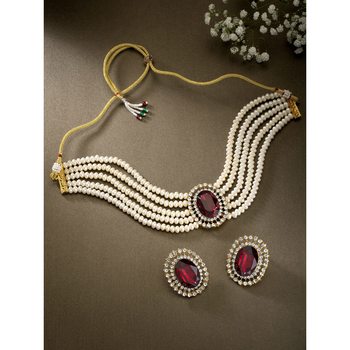 Traditional Stone Studded Pearl Choker Necklace Jewellery Set