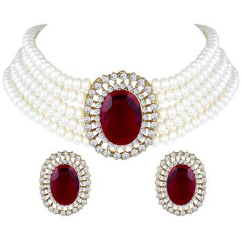 Traditional Stone Studded Pearl Choker Necklace Jewellery Set 2