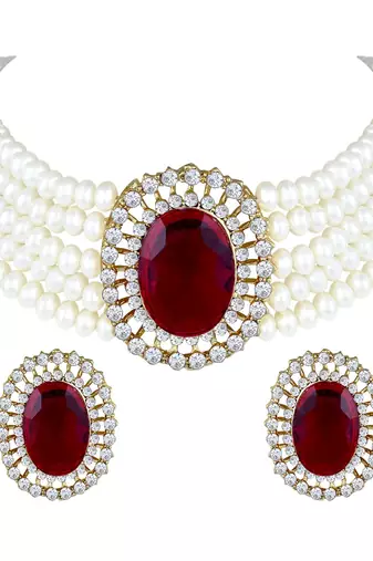Traditional Stone Studded Pearl Choker Necklace Jewellery Set