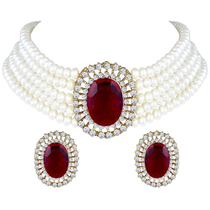 Traditional Stone Studded Pearl Choker Necklace Jewellery Set