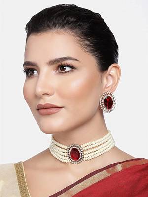 Traditional Stone Studded Pearl Choker Necklace Jewellery Set 3