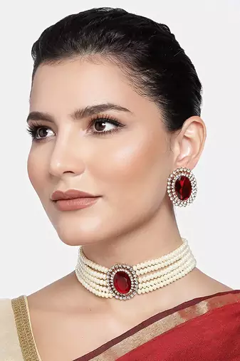 Traditional Stone Studded Pearl Choker Necklace Jewellery Set