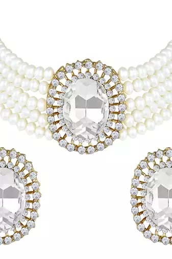Traditional Green Stone Studded Pearl Choker Necklace Jewellery Set