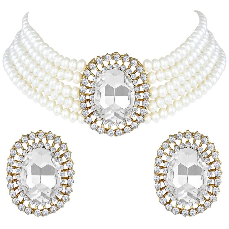 Traditional Green Stone Studded Pearl Choker Necklace Jewellery Set