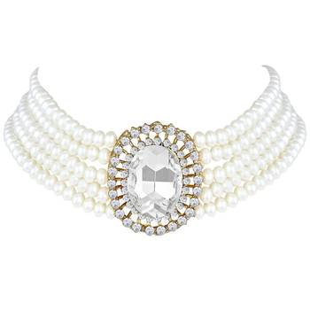 Traditional Green Stone Studded Pearl Choker Necklace Jewellery Set 4
