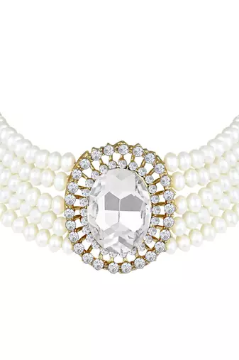 Traditional Green Stone Studded Pearl Choker Necklace Jewellery Set