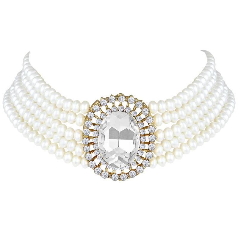 Traditional Green Stone Studded Pearl Choker Necklace Jewellery Set