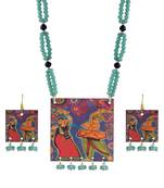Stylish Navratri Portrait Handpainted Wooden Pearl Necklace Jewellery With Earrings Set For Women & Girls