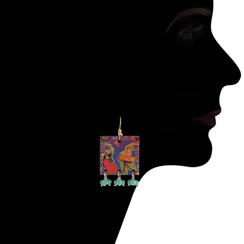 Stylish Navratri Portrait Handpainted Wooden Pearl Necklace Jewellery With Earrings Set For Women & Girls