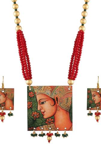 Stylish Navratri Portrait Handpainted Wooden Pearl Necklace Jewellery With Earrings Set For Women & Girls