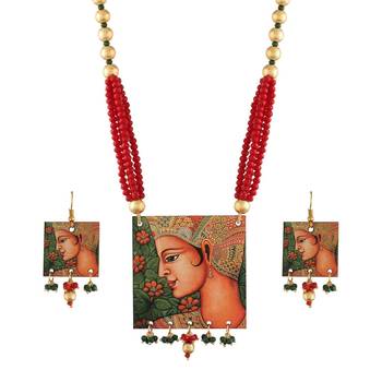 Stylish Navratri Portrait Handpainted Wooden Pearl Necklace Jewellery With Earrings Set For Women & Girls 1