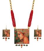 Stylish Navratri Portrait Handpainted Wooden Pearl Necklace Jewellery With Earrings Set For Women & Girls