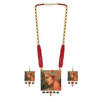 Stylish Navratri Portrait Handpainted Wooden Pearl Necklace Jewellery With Earrings Set For Women & Girls 2
